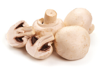 White champignons mushrooms, isolated on white background.