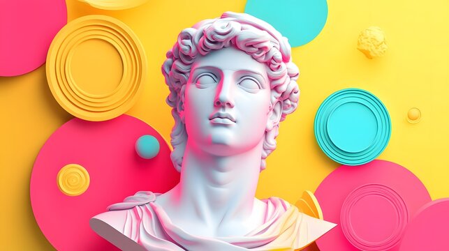Head sculpture of marble displayed amidst colorful abstract circular design and vibrant tone, blending traditional art with playful modern visual
