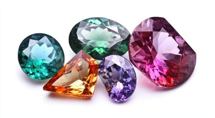 Fototapeta premium A Stunning Collection of Colorful Gems and Precious Stones Showcasing Brilliant Cuts and Iridescent Sparkles on a White Background