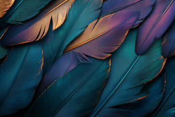 An elegant feather texture background, with overlapping feathers in iridescent shades of teal, violet, and gold. AI generated.