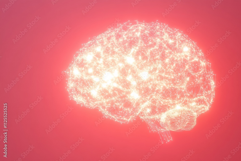 Poster a vibrant brain composed of glowing light points and lines stands against a solid background, provid
