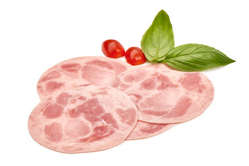 Cooked boiled ham slices, isolated on white background.