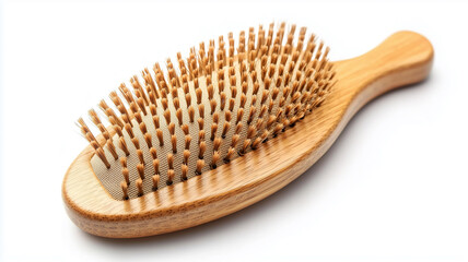 Intricate Closeup of a Beautiful Wooden Hairbrush Against a White Background. 
