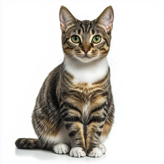 Obraz premium Playful Cat With Striking Green Eyes Lies on Bright White Background. 