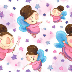 Seamless pattern with fairies and purple stars on a pink background. Watercolor illustration, hand drawn in cartoon style. Drawing for textiles, paper, cards.