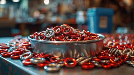 A metal bowl filled with red and silver rings, perfect for jewelry or decorative purposes