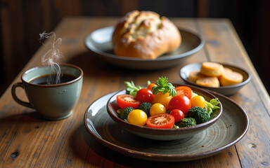 Rustic Breakfast Setting with Fresh Vegetables, Artisan Bread, and Steaming Coffee