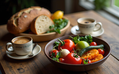 Rustic Breakfast Setting with Fresh Vegetables, Artisan Bread, and Steaming Coffee