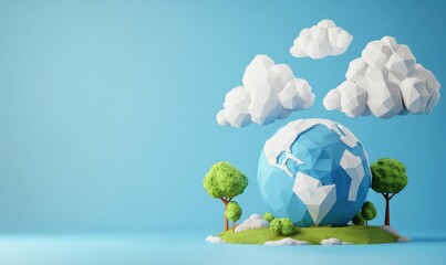 A Vibrant Low-Poly Earth Surrounded by Stylized Trees and Clouds on a Soft Blue Background, Perfect for Environmental and Nature-Themed Projects