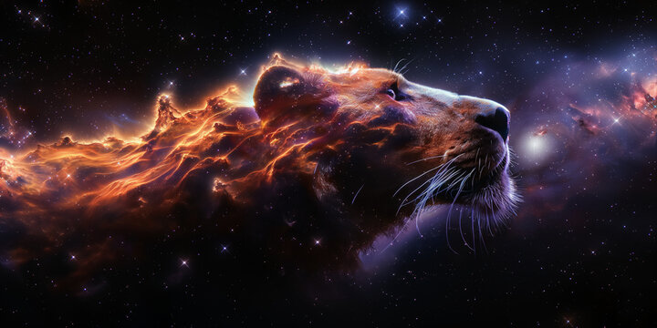Majestic Lion, made of stardust, soars through the cosmic expanse with its mane flowing like swirling galaxies