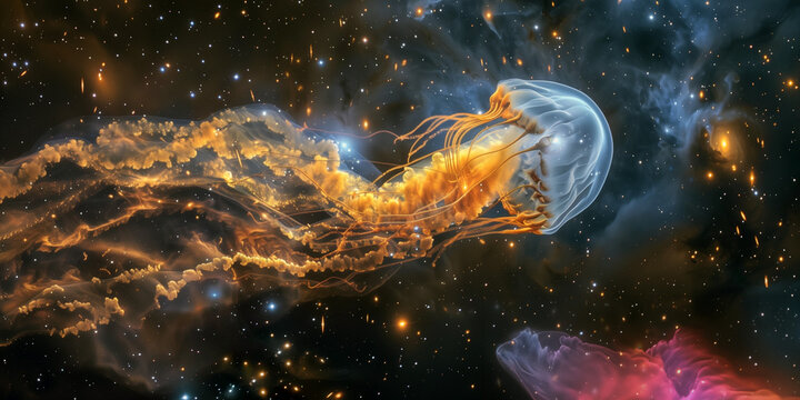 Cosmic nebula 'Jellyfish Galaxy,' featuring a luminous core and arcing gas tendrils shaped by shockwaves, resembling jellyfish tentacles