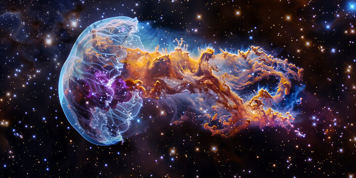 Cosmic nebula 'Jellyfish Galaxy,' featuring a luminous core and arcing gas tendrils shaped by shockwaves, resembling jellyfish tentacles