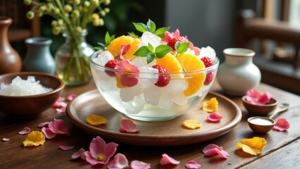 A close-up shot of a refreshing bowl of hwatchae fruit salad with ice and colorful petals on top, placed on a wooden table adorned with flower petals.