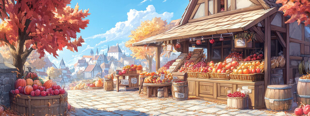 Charming autumn market with vibrant trees, baskets filled with fresh apples, and a picturesque town backdrop, creating a warm and inviting rural scene.