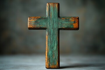 A wooden cross with green paint on it