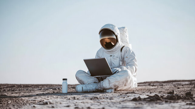 Astronaut engaged in remote work on lunar surface with laptop and helmet