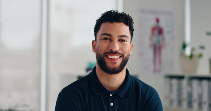 Face, man and physiotherapist with smile in healthcare, rehabilitation and confidence for career. Clinic, male person and chiropractor in portrait for recovery service, physical therapy and happiness