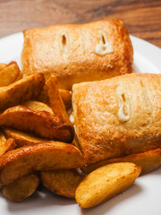 Two crispy salmon fish pies and golden wedges on a plate, Close up. Cooked dinner serving. Pastry type product.