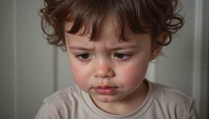 Fototapeta premium Serious toddler with curly hair in natural indoor lighting