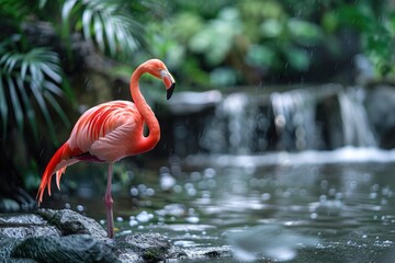 Fototapeta premium A single flamingo stands on a rock in the water, with its feathers rustling slightly in the breeze