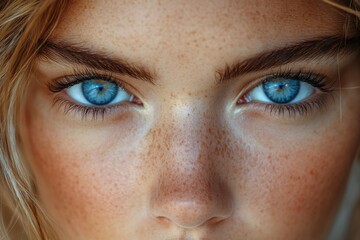 Obraz premium Close-up of a woman's face showing off her freckles, ideal for beauty or lifestyle photography