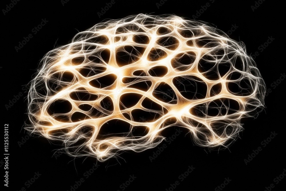 Poster an abstract visualization showcases a human brain created with glowing neural networks and synapses,