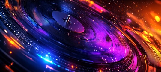 Obraz premium Glowing Turntable A Vibrant Display of Movement and Energy in Colorful Light and Motion Blur