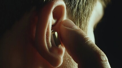 Person adjusting a small hearing aid device in their ear during evening light