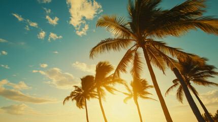 Tropical sunset with silhouetted palm trees against a vibrant sky