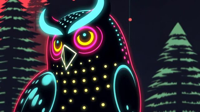 Blinking Owl in a Nighttime Forest, Cyberpunk Neon Pop Art Style. Retro Animated Background / Vintage Wallpaper Clip. 