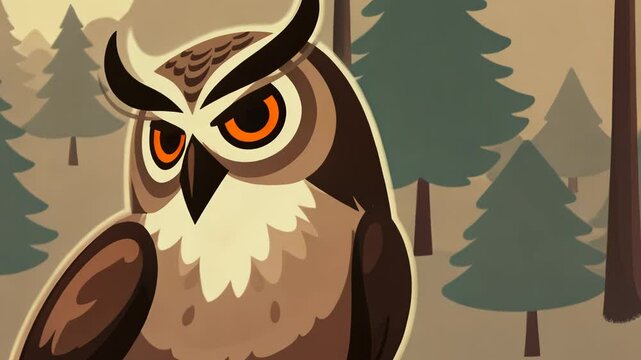 Serious Blinking Owl in a Vintage Comic Book Forest, Brown Pop Art Style. Retro Animated Background / Vintage Wallpaper Clip. 