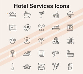 Icons for hotel and hospitality services  representing rooms  amenities  and customer services.