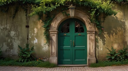 Fototapeta premium Aged stone wall with arched green door and lush greenery.