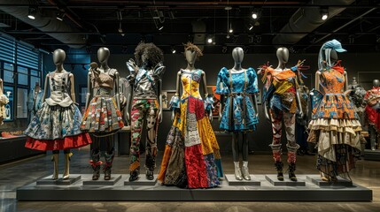 Fototapeta premium Colorful clothing display on mannequins in a modern gallery.