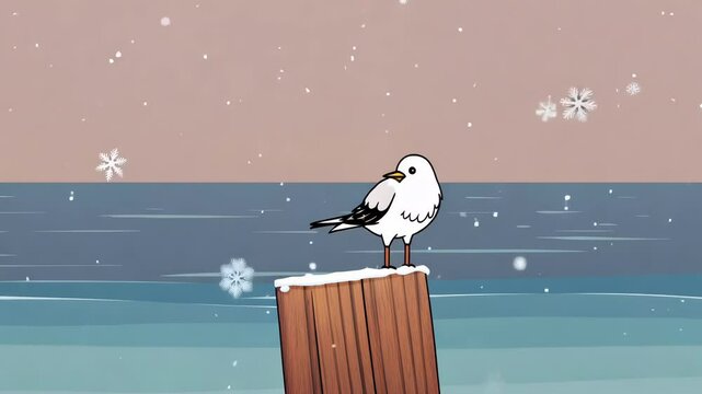 Cartoon Snowbird on a Post in the Ocean in the Snow. Christmas Beach Sea Bird. Looping. Animated Background / Wallpaper. VJ / Vtuber / Stream Backdrop. Seamless Loop.