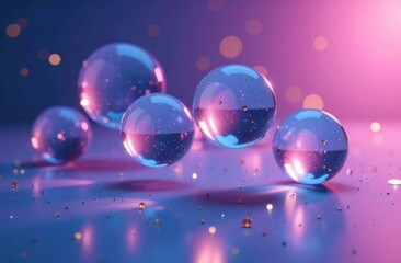 floating glass spheres against gradient abstract background with shimmering light reflections. colorful holographic effect