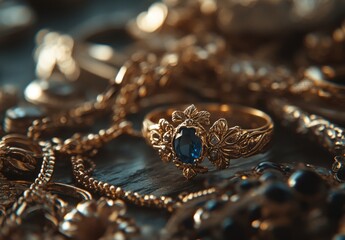 Beautiful Vintage Ring with Blue Gemstone Surrounded by Detailed Floral Design, Set Amongst Intricate Gold Chains and Jewelry on Rustic Surface