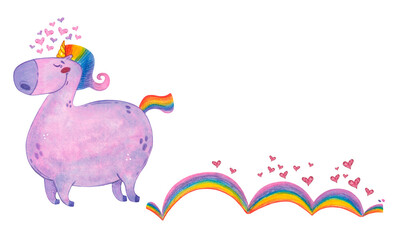 A unicorn with a rainbow mane jumps leaving a trail of rainbows and hearts. Watercolor illustration hand drawn in children's style. Drawing for stickers, postcards. Unicorn, cartoon, character, lilac,