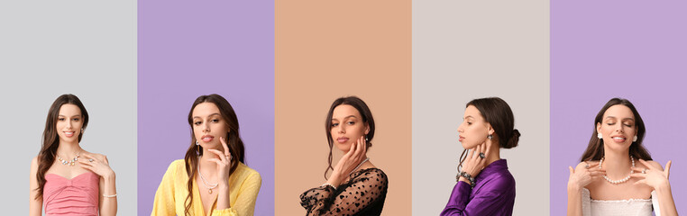 Set of pretty young woman with beautiful jewelry on color background