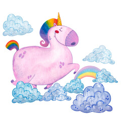 A lilac unicorn with a rainbow mane walks among the clouds and rainbows. Watercolor illustration, hand drawn in childish style. Drawing for stickers, postcards. Unicorn, cartoon, character, lilac
