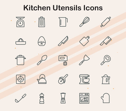 Icons representing various kitchen utensils and tools  ideal for cooking and kitchen-themed projects.