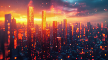Fototapeta premium Futuristic cityscape at sunset with illuminated skyscrapers and atmospheric glow