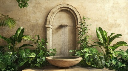 Tranquil stone fountain with lush tropical plants.