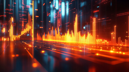 Futuristic digital landscape with glowing data charts and virtual elements