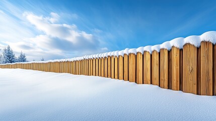 Fototapeta premium Wooden fence covered in snow under a bright blue sky