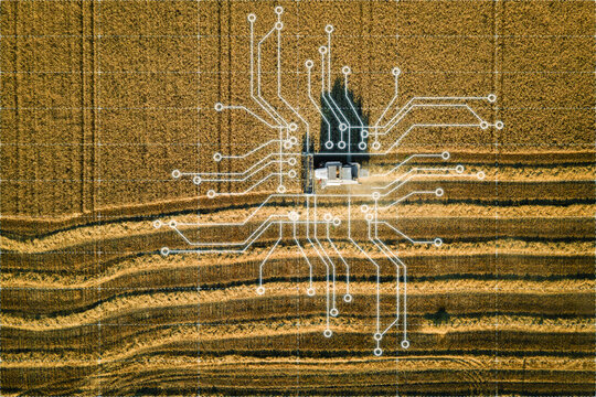 Harvester combine on field with AI Data analysis technology. Futuristic Agriculture Concept of Computerized, Eco, Sustainable way of Harvesting