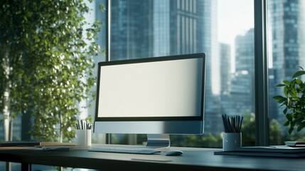 Fototapeta premium Modern Office Workspace With Blank Computer Screen