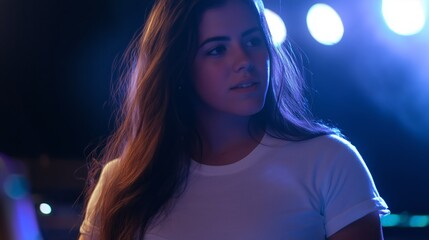 Naklejka premium Woman with long hair is standing in front of a light