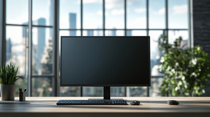 Fototapeta premium Modern Computer Setup Near Large City View Window
