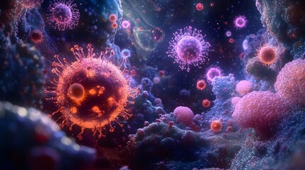 Detailed microscopic view of a virus structure in a vivid, colorful cosmic-like environment, representing biology and molecular science